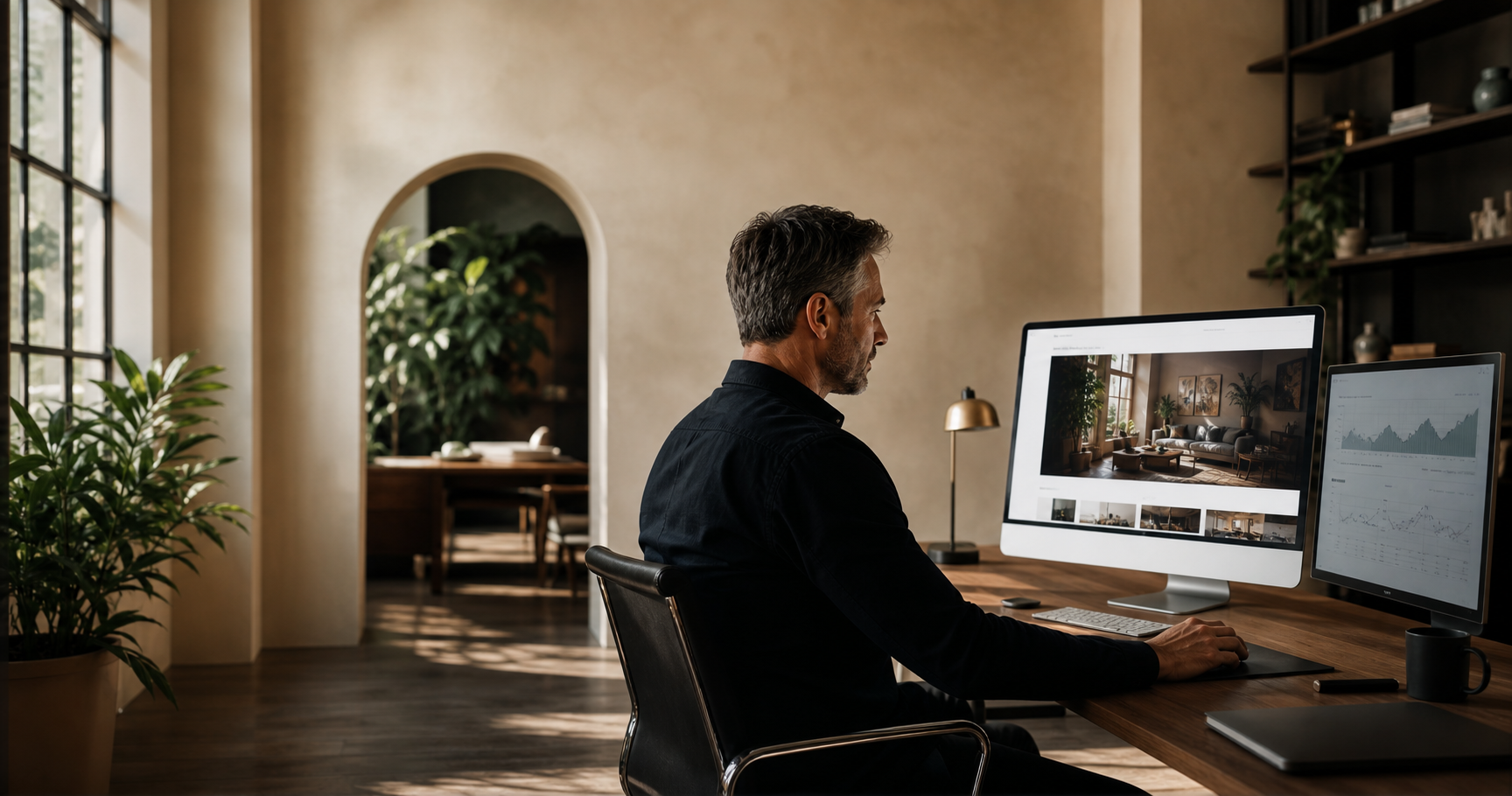 A business operator reviewing a website and performance data in a modern studio