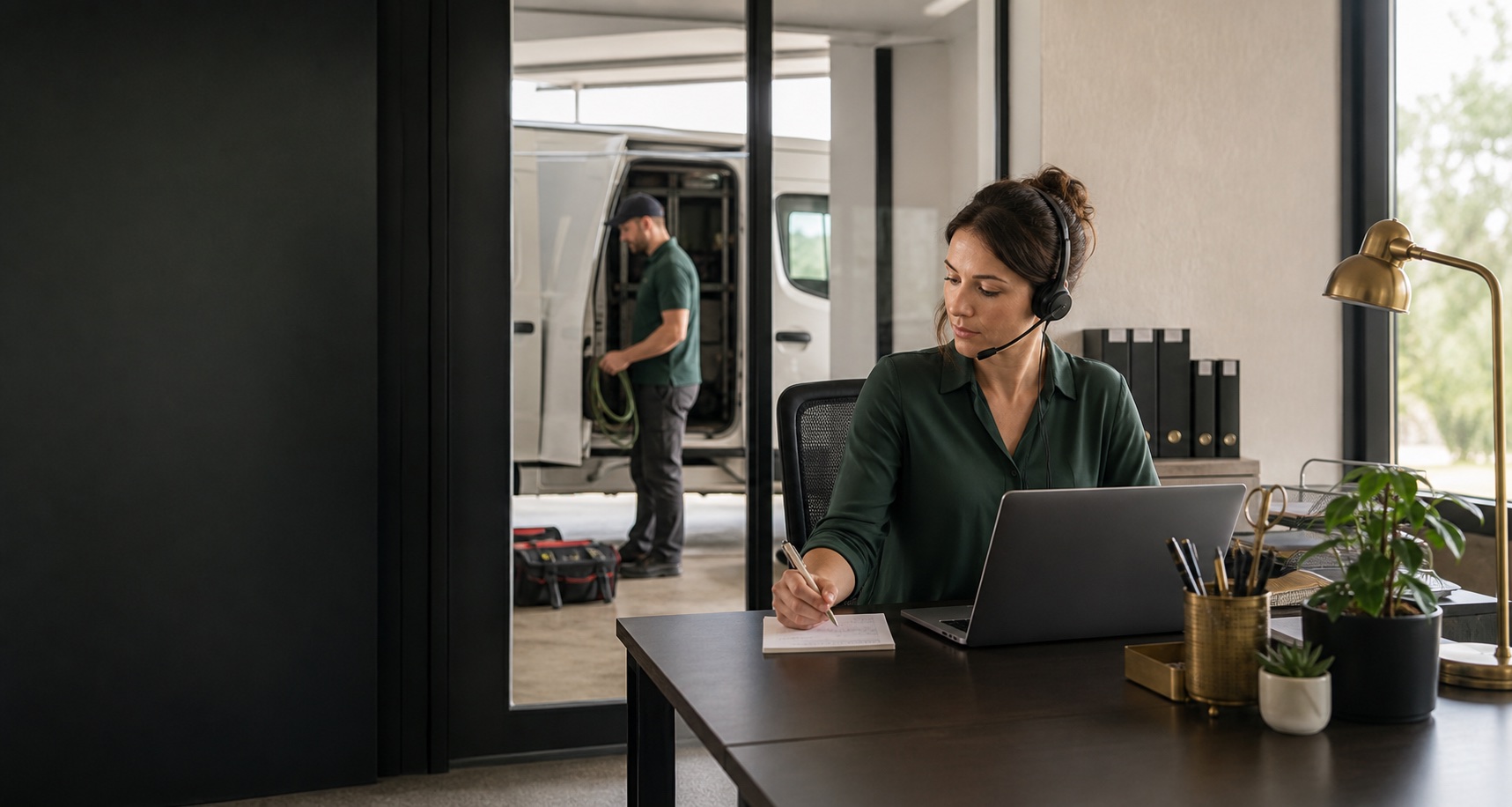 A local service business coordinator managing customer communication while a technician prepares for the next job